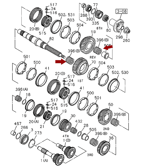 Подшипник игольчатый первичного вала ISUZU NQR75/NQR71/NPR75, оригинал, 8972531021 На схеме показан подшипник игольчатый первичного вала ISUZU NQR75/NQR71/NPR75, оригинал, 8972531021